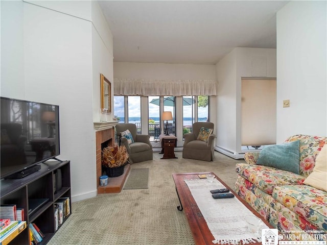 5 Oneida St, Chautauqua, NY 14728 - living area featuring carpet flooring and a brick fireplace