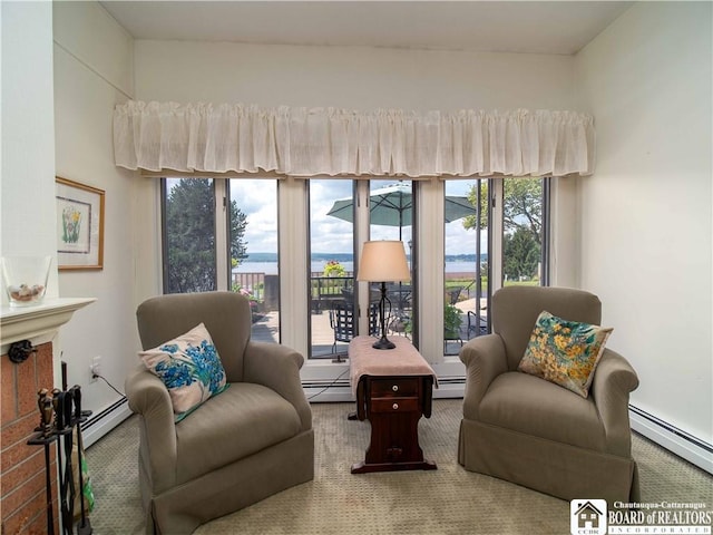 5 Oneida St, Chautauqua, NY 14728 - living area featuring baseboard heating, carpet floors, and healthy amount of natural light