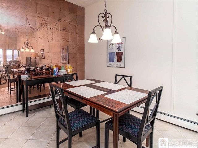 5 Oneida St, Chautauqua, NY 14728 - dining space featuring a chandelier, light tile patterned flooring, baseboard heating, and tile walls