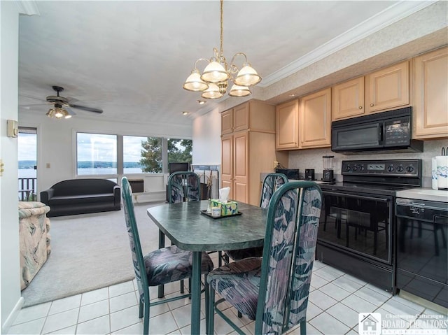 24B Mohawk Dr Unit B, Chautauqua, NY 14728 - dining space with light tile patterned floors, a chandelier, ornamental molding, light carpet, and a ceiling fan