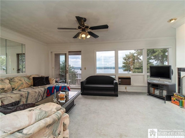 24B Mohawk Dr Unit B, Chautauqua, NY 14728 - living room with carpet, crown molding, and a ceiling fan
