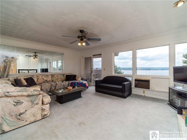 24B Mohawk Dr Unit B, Chautauqua, NY 14728 - living room featuring crown molding, carpet flooring, a wall unit AC, and a ceiling fan