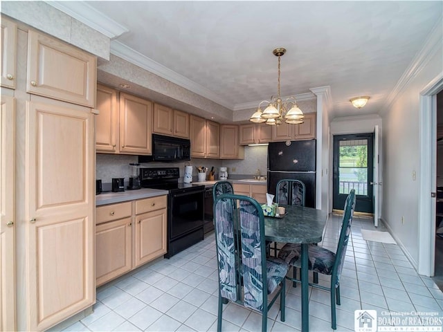 24B Mohawk Dr Unit B, Chautauqua, NY 14728 - kitchen with black appliances, light tile patterned floors, a chandelier, light countertops, and decorative backsplash