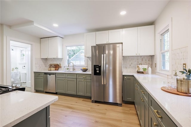 240 Sagamore Dr, Irondequoit, NY 14617 - kitchen featuring stainless steel appliances, white cabinets, radiator heating unit, light wood finished floors, and decorative backsplash