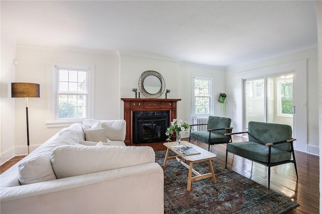 240 Sagamore Dr, Irondequoit, NY 14617 - living area featuring dark wood-style flooring, a high end fireplace, and crown molding