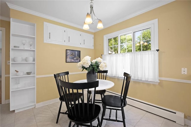 3 Tuxford Rd, Pittsford, NY 14534 - dining room featuring light tile patterned floors, a baseboard heating unit, crown molding, and built in shelves