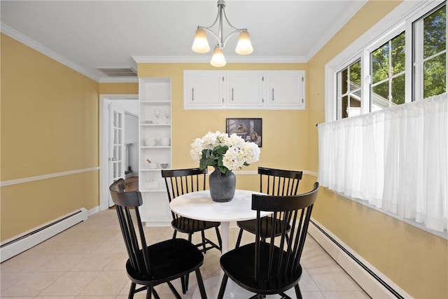 3 Tuxford Rd, Pittsford, NY 14534 - dining space featuring a baseboard radiator, ornamental molding, light tile patterned flooring, and a chandelier