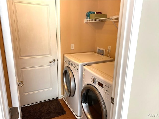 107 Shaker Hts, Camillus, NY 13031 - laundry room featuring washer and dryer and dark wood finished floors