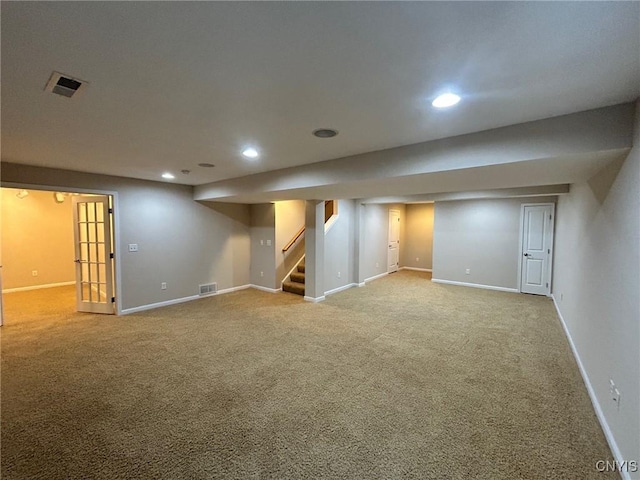 107 Shaker Hts, Camillus, NY 13031 - finished below grade area featuring carpet floors, recessed lighting, and stairs