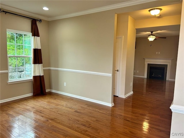 107 Shaker Hts, Camillus, NY 13031 - empty room featuring hardwood / wood-style flooring, a ceiling fan, ornamental molding, a fireplace, and recessed lighting