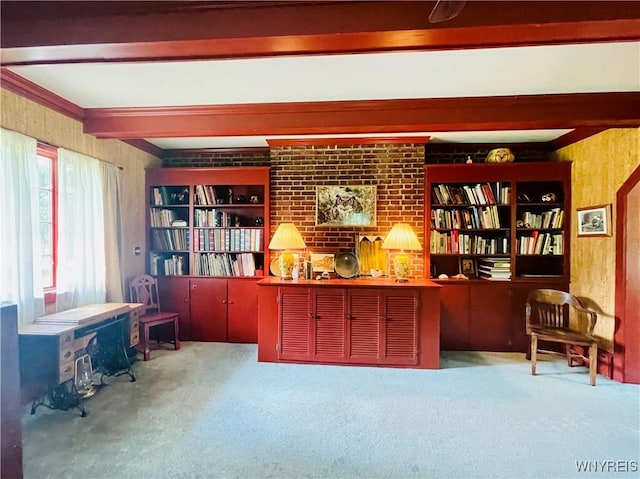 2721 Bowen Rd, Elma, NY 14059 - home office with carpet, beamed ceiling, and crown molding