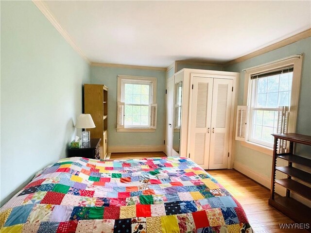 2721 Bowen Rd, Elma, NY 14059 - bedroom with crown molding, multiple windows, wood finished floors, and a closet