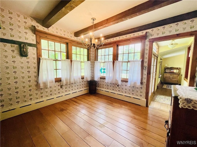 2721 Bowen Rd, Elma, NY 14059 - dining room with wallpapered walls, baseboard heating, a chandelier, hardwood / wood-style floors, and beam ceiling