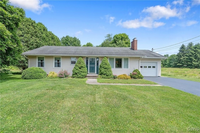 206 Oswego River Rd, Schroeppel, NY 13135 - ranch-style home with a garage, a chimney, driveway, and a front lawn
