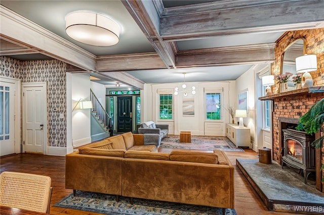 626 Main St, Porter, NY 14174 - living area with hardwood / wood-style floors, stairway, coffered ceiling, beamed ceiling, and ornamental molding