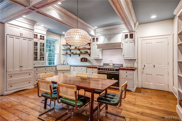 626 Main St, Porter, NY 14174 - dining area featuring ornamental molding, light wood-type flooring, recessed lighting, and beamed ceiling