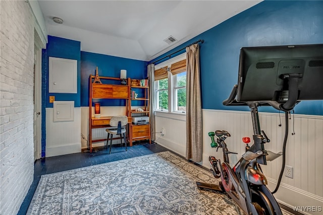 626 Main St, Porter, NY 14174 - office space featuring a wainscoted wall, lofted ceiling, and brick wall