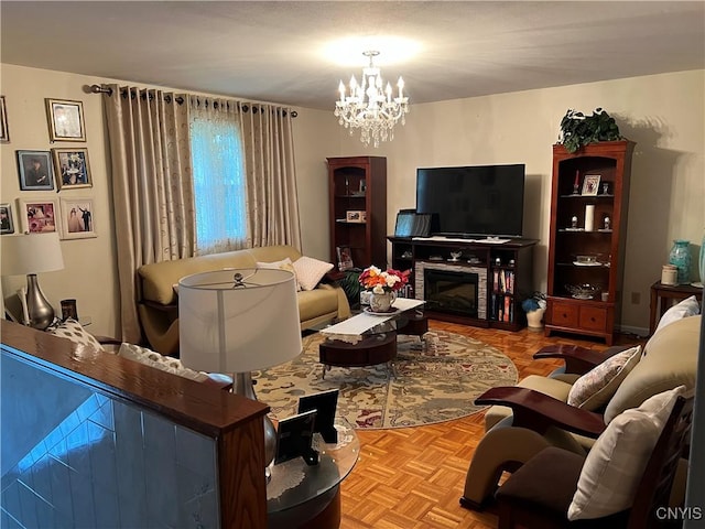 4067 Taylor Rd, Pompey, NY 13078 - living area featuring a chandelier and a fireplace