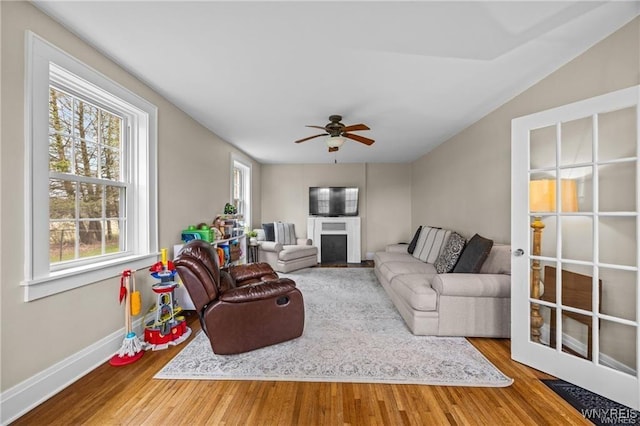 1157 Mcivor Rd, Phelps, NY 14456 - living area with a fireplace, wood finished floors, and ceiling fan