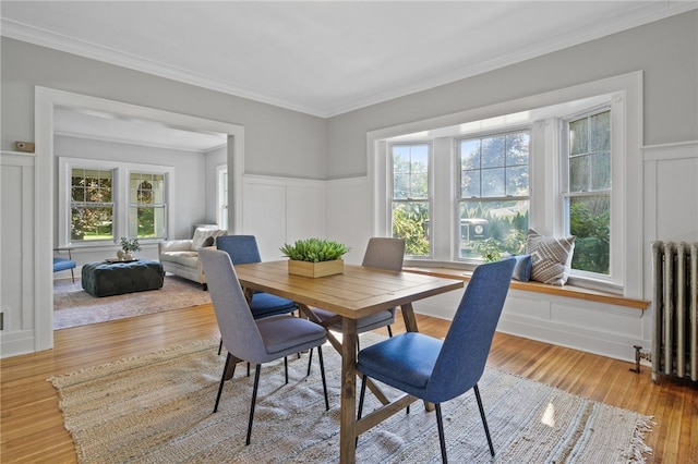 234 Pine Grove Ave, Irondequoit, NY 14617 - dining area with radiator heating unit, a decorative wall, wood finished floors, ornamental molding, and healthy amount of natural light