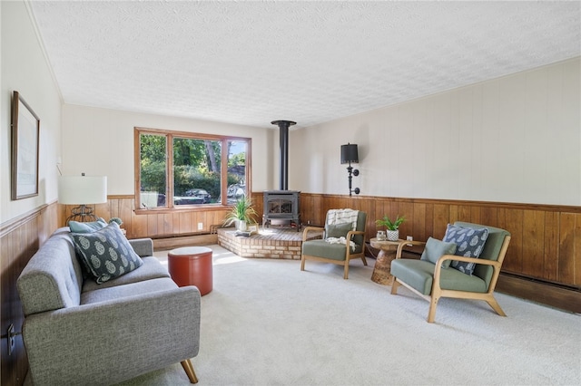 234 Pine Grove Ave, Irondequoit, NY 14617 - carpeted living room featuring a wood stove, wood walls, a textured ceiling, and a wainscoted wall