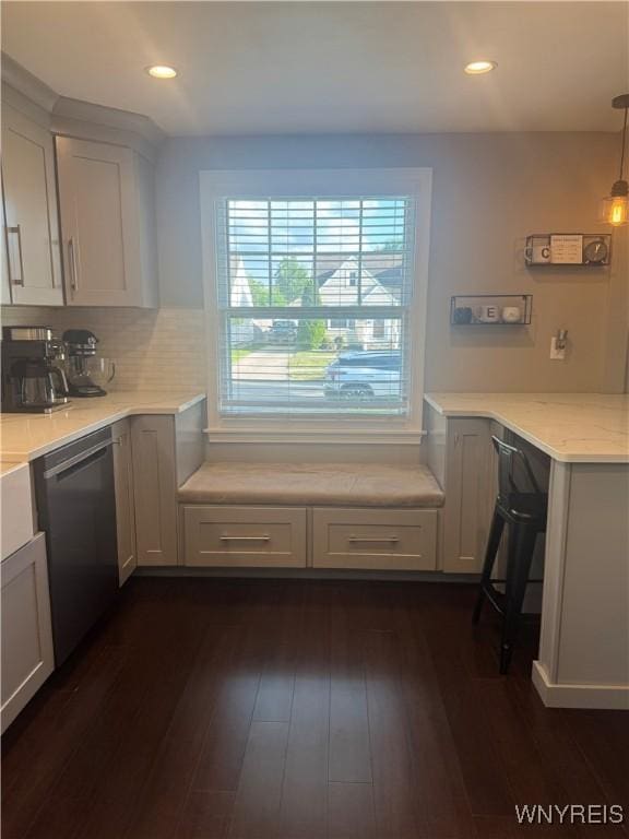149 Wrexham Ct S, Tonawanda, NY 14150 - kitchen featuring stainless steel dishwasher, dark wood finished floors, decorative backsplash, recessed lighting, and white cabinets