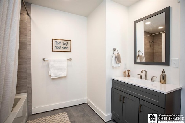 6064 Nys Rte 242 E, Ellicottville, NY 14731 - bathroom featuring vanity, shower / tub combo with curtain, and tile patterned flooring