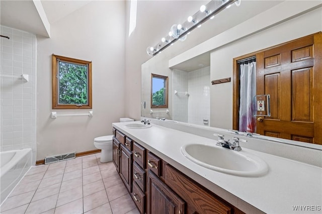 100 Hunt Club Cir, Amherst, NY 14051 - bathroom featuring double vanity, tile patterned flooring, shower / bathtub combination, and a towering ceiling
