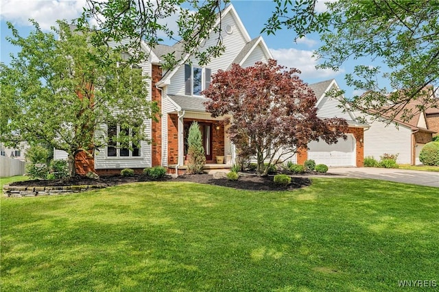 100 Hunt Club Cir, Amherst, NY 14051 - obstructed view of property with concrete driveway, an attached garage, a front yard, brick siding, and roof with shingles