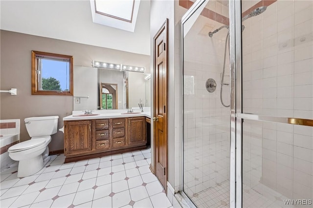100 Hunt Club Cir, Amherst, NY 14051 - bathroom featuring a skylight, double vanity, and a stall shower