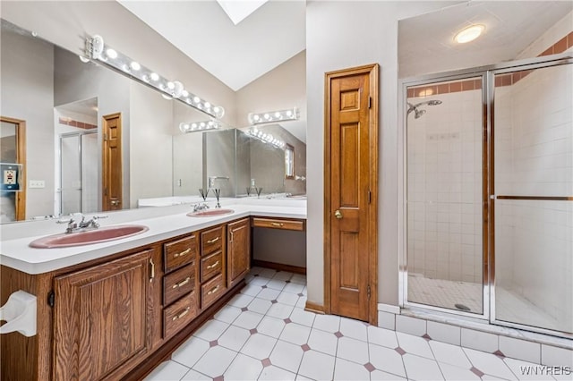 100 Hunt Club Cir, Amherst, NY 14051 - bathroom with a stall shower, double vanity, lofted ceiling, and tile patterned floors
