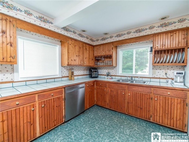 6295 Stockton Hartfield Rd, Chautauqua, NY 14728 - kitchen with dishwasher, open shelves, tile counters, dark flooring, and decorative backsplash