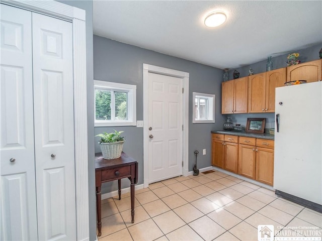 6295 Stockton Hartfield Rd, Chautauqua, NY 14728 - kitchen with freestanding refrigerator, light tile patterned flooring, and dark countertops