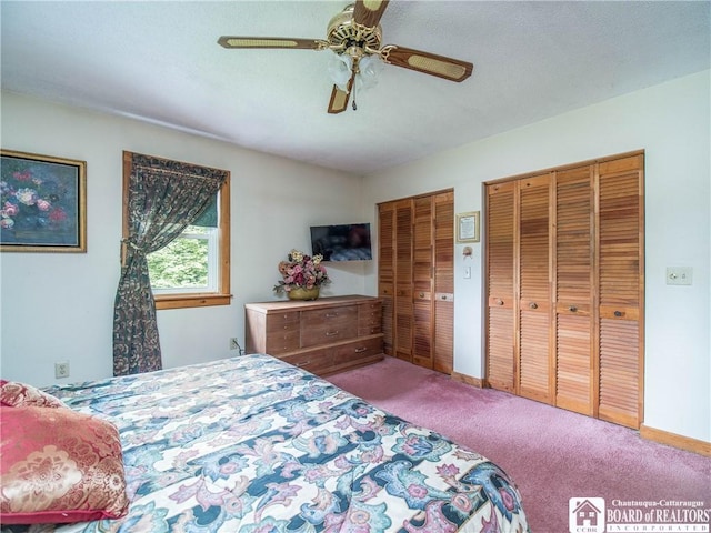 6295 Stockton Hartfield Rd, Chautauqua, NY 14728 - bedroom featuring two closets, carpet flooring, and a ceiling fan