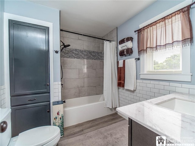 6295 Stockton Hartfield Rd, Chautauqua, NY 14728 - bathroom with wood finished floors, vanity, shower / bath combo, and tile walls