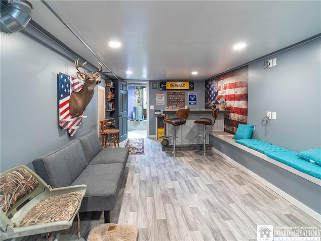 6295 Stockton Hartfield Rd, Chautauqua, NY 14728 - living room featuring a dry bar, wood finished floors, and recessed lighting