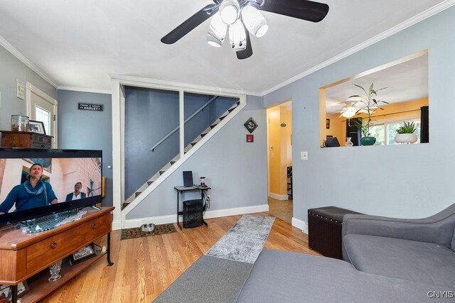 213 Roxann Ave, Cicero, NY 13212 - living room featuring ceiling fan, stairs, wood finished floors, crown molding, and healthy amount of natural light