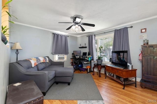 213 Roxann Ave, Cicero, NY 13212 - living room featuring a ceiling fan, ornamental molding, light wood-style floors, and cooling unit
