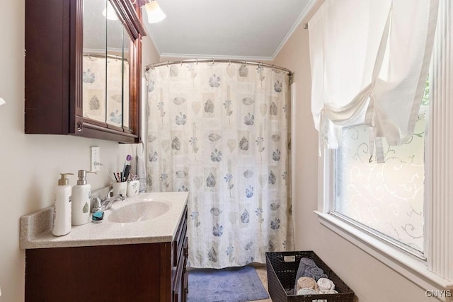213 Roxann Ave, Cicero, NY 13212 - bathroom featuring vanity, crown molding, and curtained shower