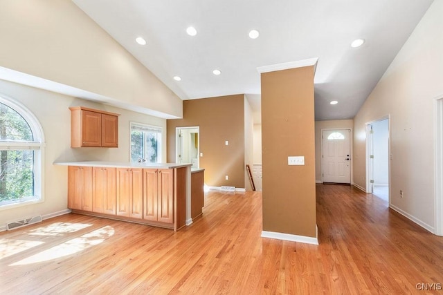 42 Nursery Ln, Syracuse, NY 13210 - kitchen featuring a peninsula, plenty of natural light, light countertops, light wood-style flooring, and recessed lighting
