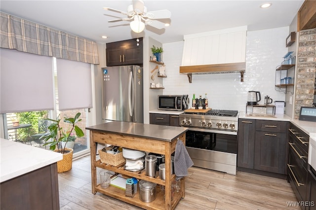 253 Old Oak Post Rd, Amherst, NY 14051 - kitchen featuring open shelves, appliances with stainless steel finishes, backsplash, premium range hood, and a ceiling fan