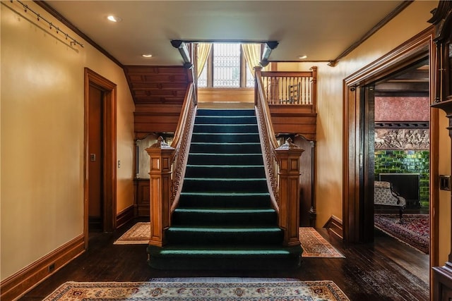407 W Church St, Elmira City, NY 14901 - staircase featuring wood-type flooring, crown molding, and recessed lighting