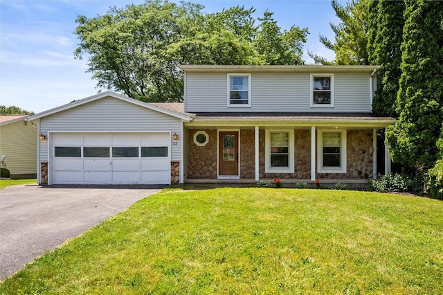 53 Alecia Dr, Greece, NY 14626 - traditional home featuring stone siding, driveway, covered porch, a garage, and a front yard