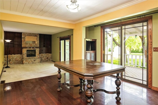 53 Alecia Dr, Greece, NY 14626 - dining space with hardwood / wood-style floors, ornamental molding, a stone fireplace, and built in features