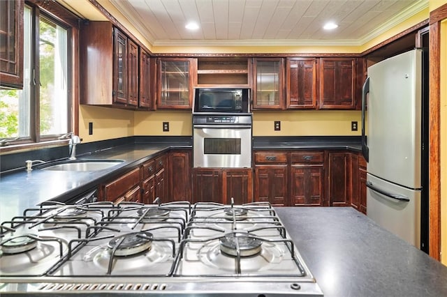 53 Alecia Dr, Greece, NY 14626 - kitchen with stainless steel appliances, crown molding, dark countertops, glass insert cabinets, and open shelves