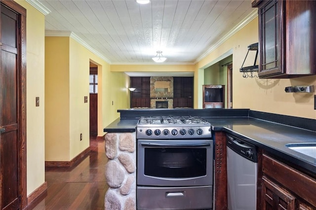 53 Alecia Dr, Greece, NY 14626 - kitchen with stainless steel appliances, dark countertops, dark wood-style flooring, a peninsula, and ornamental molding
