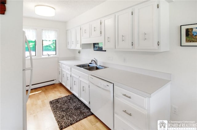 C4 Oneida Dr, Chautauqua, NY 14728 - kitchen featuring white dishwasher, a baseboard heating unit, white cabinets, and light wood finished floors