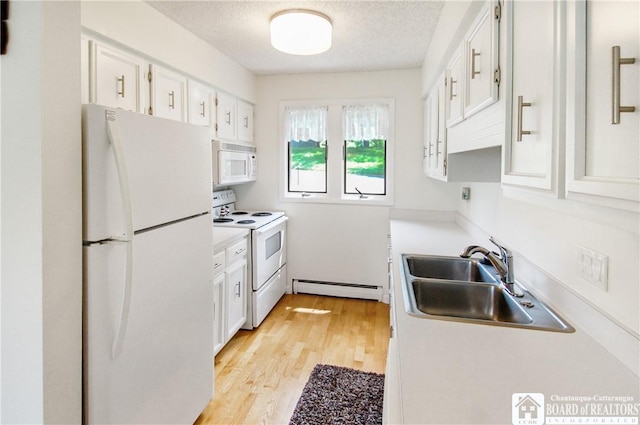 C4 Oneida Dr, Chautauqua, NY 14728 - kitchen with white appliances, a baseboard radiator, white cabinetry, light wood-type flooring, and a textured ceiling