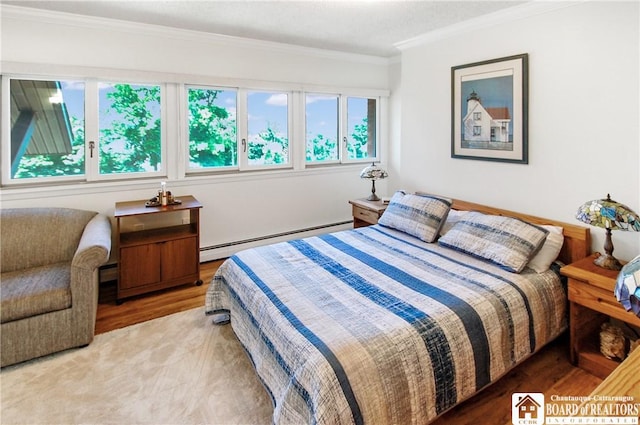 C4 Oneida Dr, Chautauqua, NY 14728 - bedroom featuring a baseboard heating unit, ornamental molding, and wood finished floors