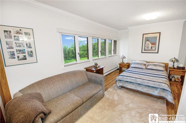 C4 Oneida Dr, Chautauqua, NY 14728 - bedroom with baseboard heating, ornamental molding, and wood finished floors